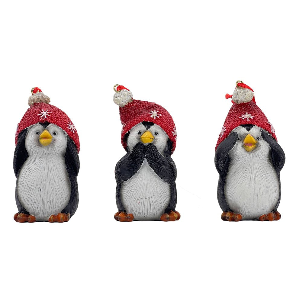 Set of Three Black White And Red Resin Penguin Christmas Reindeer Figurine