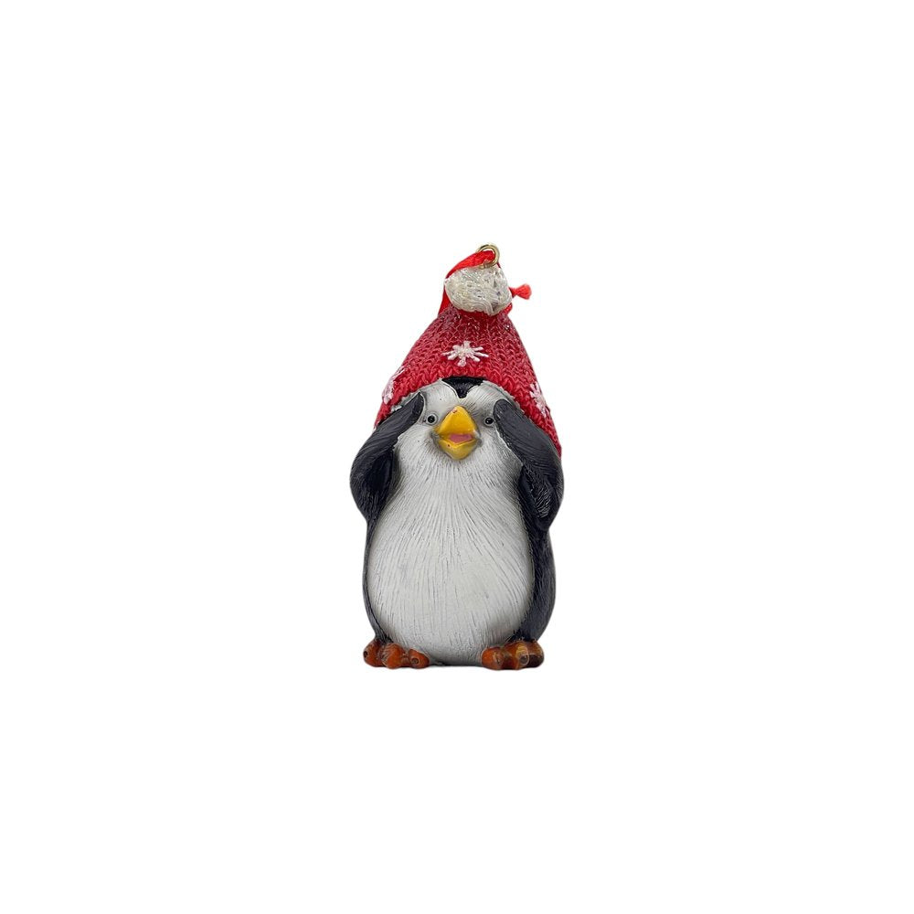 Set of Three Black White And Red Resin Penguin Christmas Reindeer Figurine