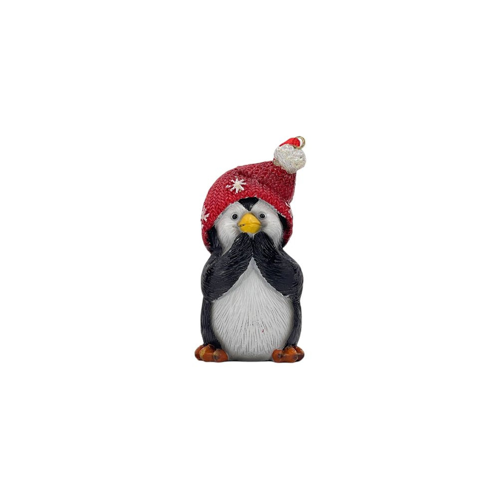 Set of Three Black White And Red Resin Penguin Christmas Reindeer Figurine