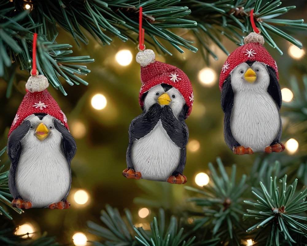 Set of Three Black White And Red Resin Penguin Christmas Reindeer Figurine