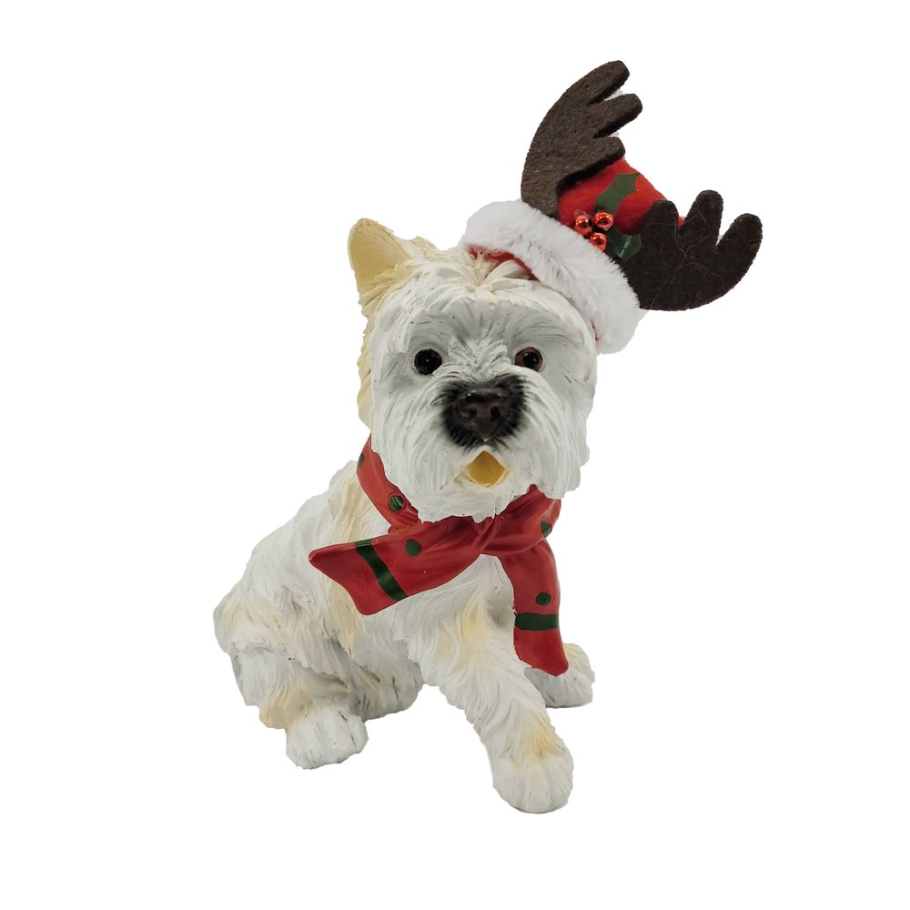 7" White Red And Brown Resin Dog Christmas Reindeer Figurine