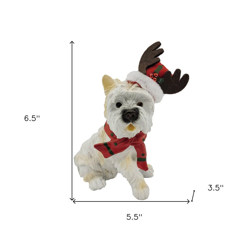 7" White Red And Brown Resin Dog Christmas Reindeer Figurine