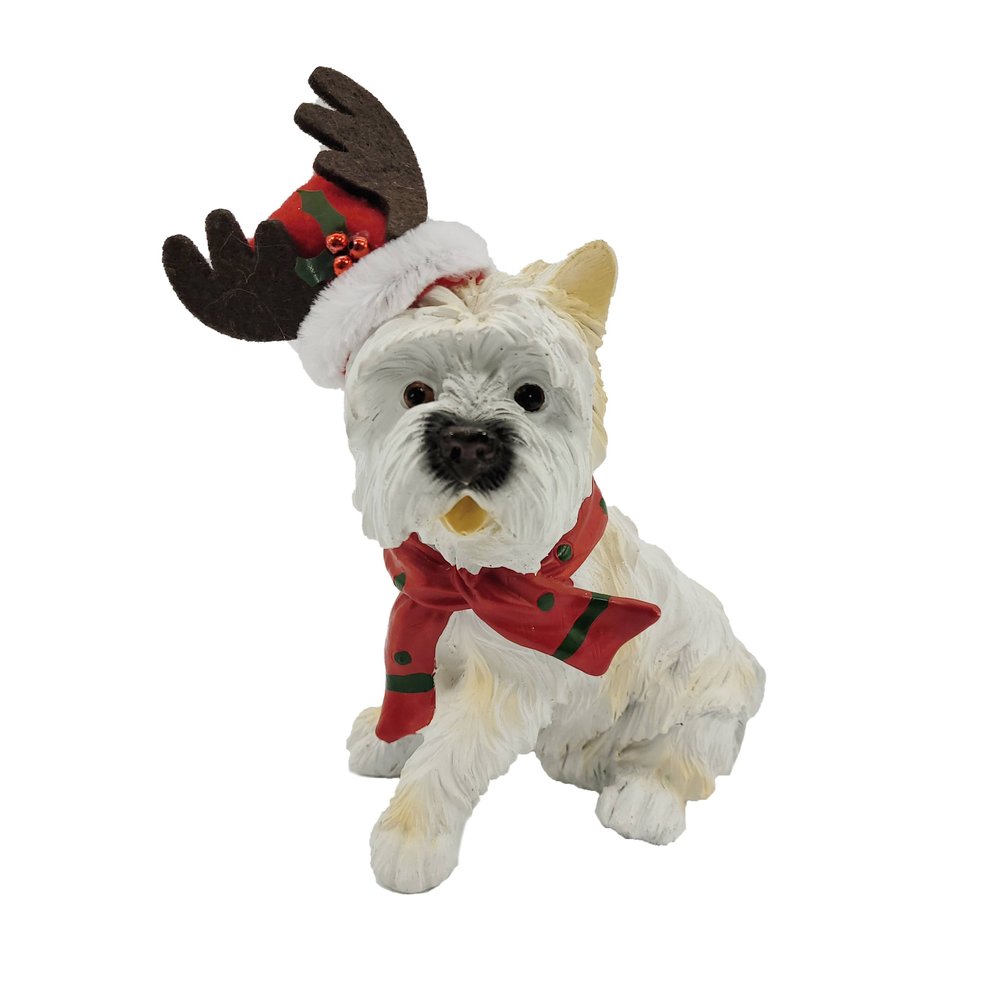 7" White Red And Brown Resin Dog Christmas Reindeer Figurine