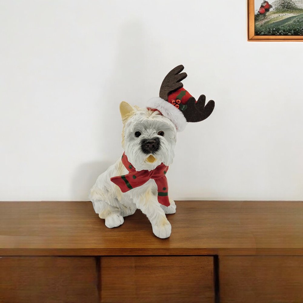 7" White Red And Brown Resin Dog Christmas Figurine