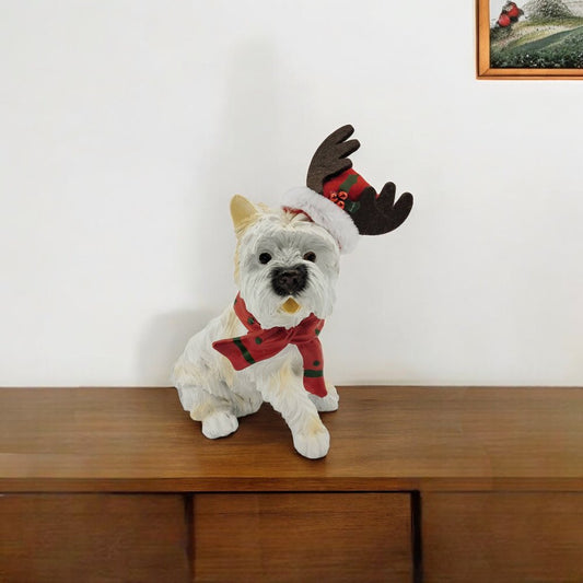 7" White Red And Brown Resin Dog Christmas Figurine