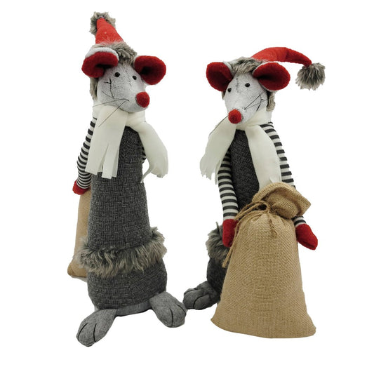 Set of Two Gray Brown And Red Fabric Rodent Christmas Santa and Mrs. Claus Figurine