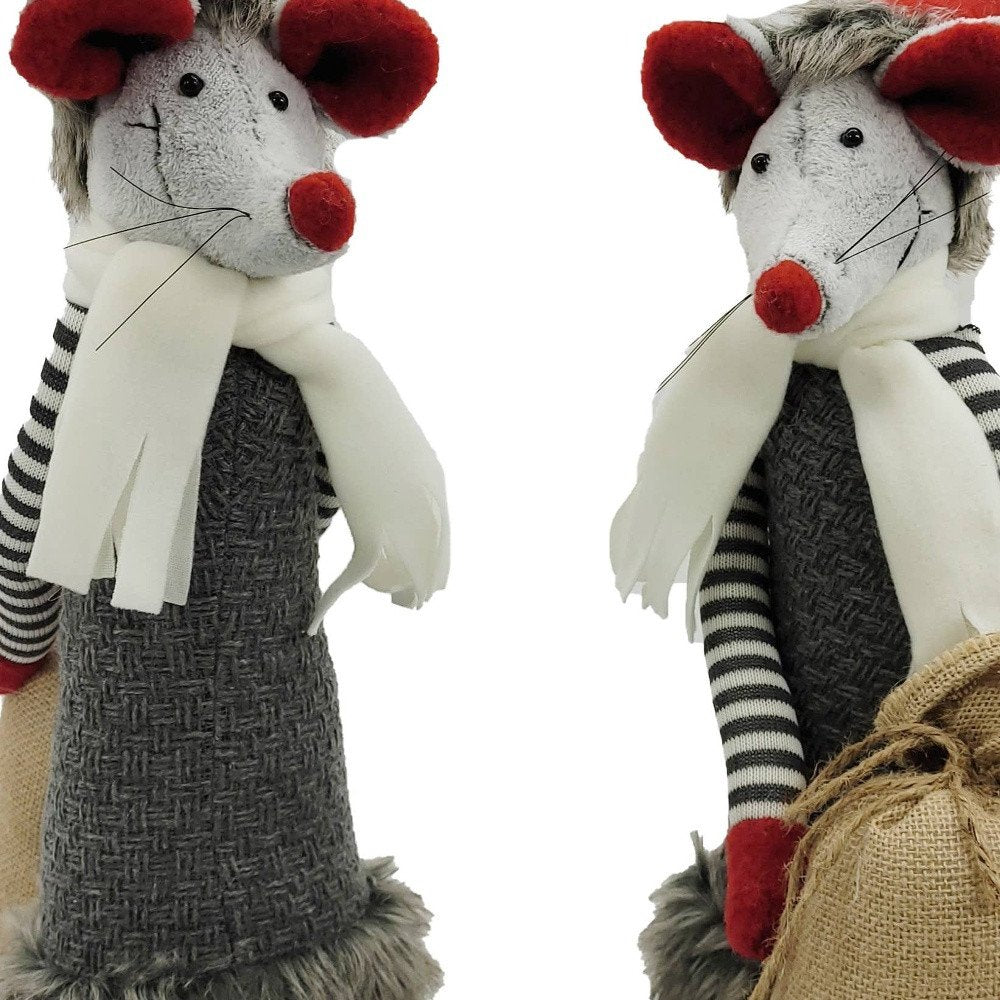 Set of Two Gray Brown And Red Fabric Rodent Christmas Figurine
