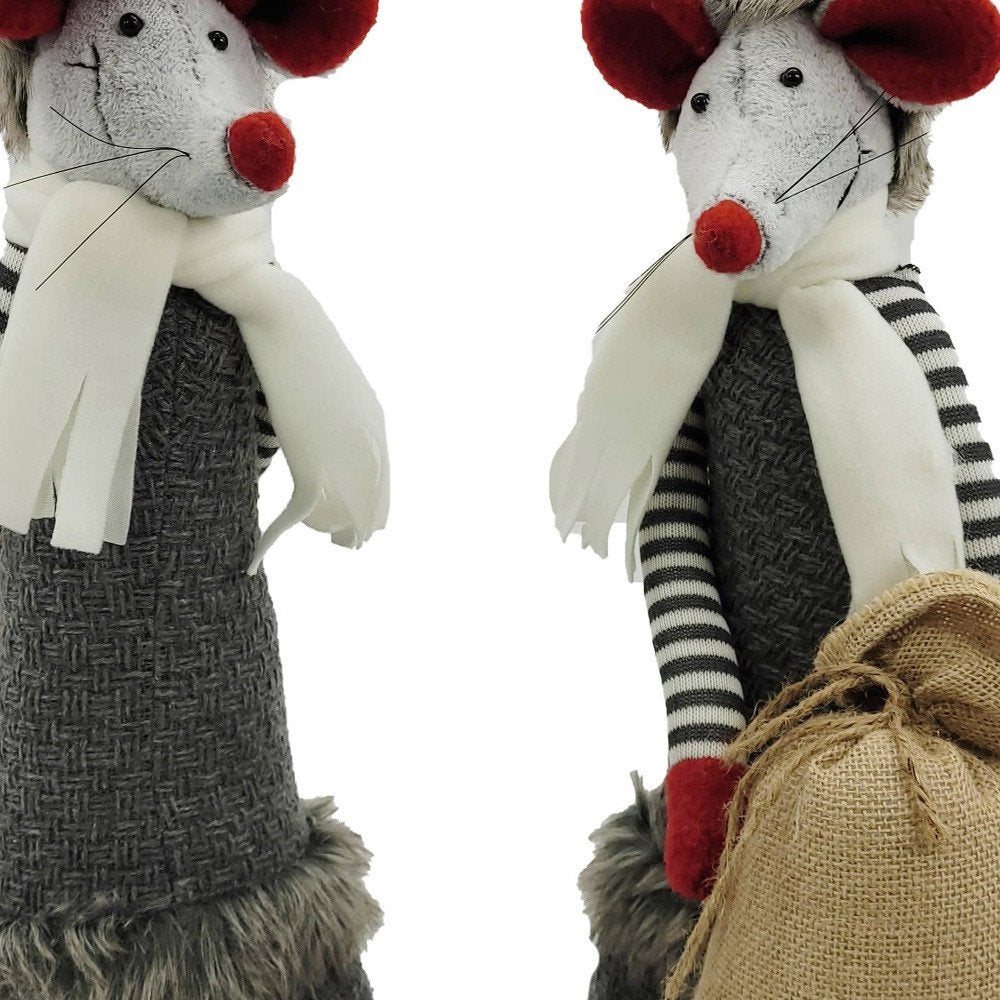 Set of Two Gray Brown And Red Fabric Rodent Christmas Figurine