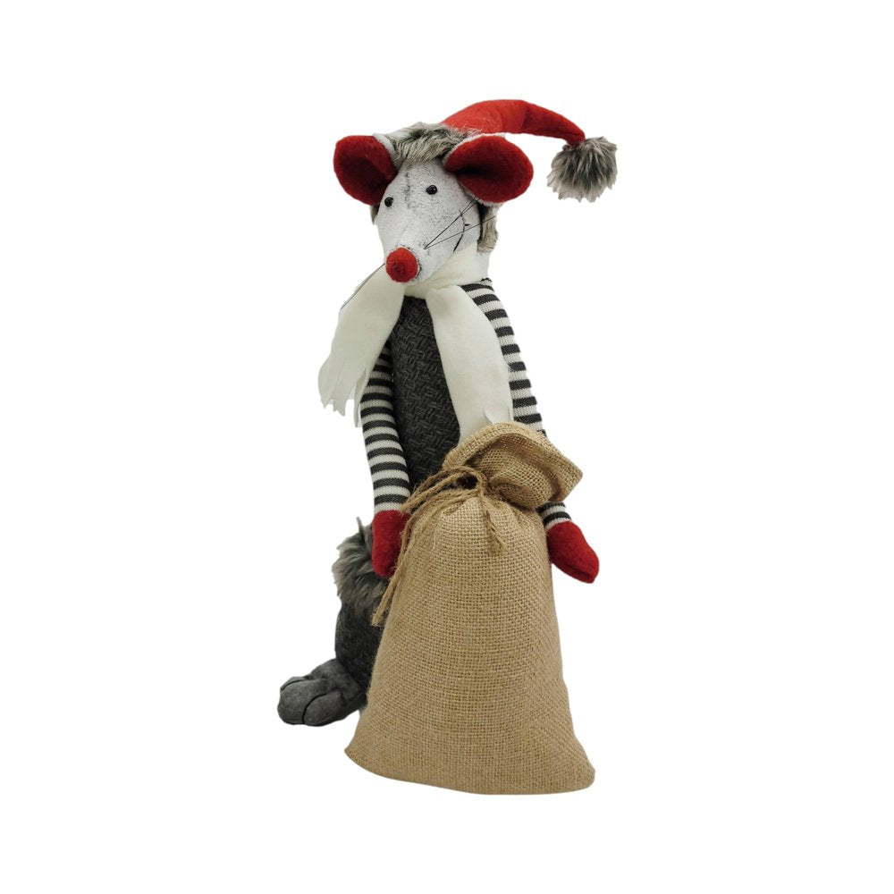 Set of Two Gray Brown And Red Fabric Rodent Christmas Figurine