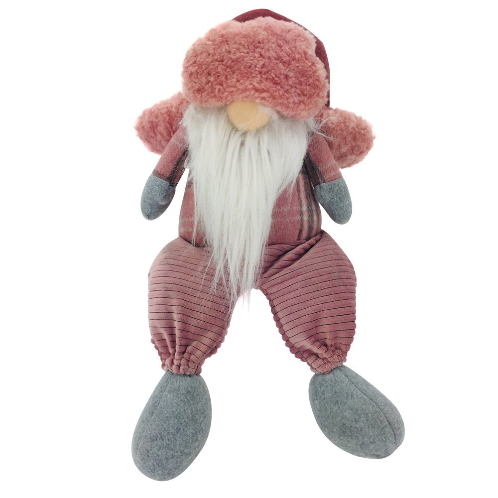 18" Pink Gray And White Fabric Standing Gnome