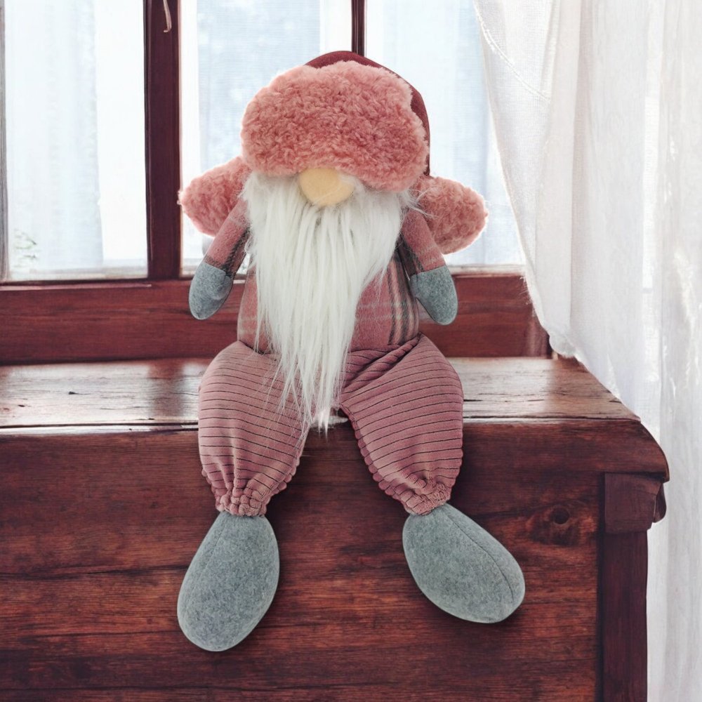 18" Pink Gray And White Fabric Standing Gnome