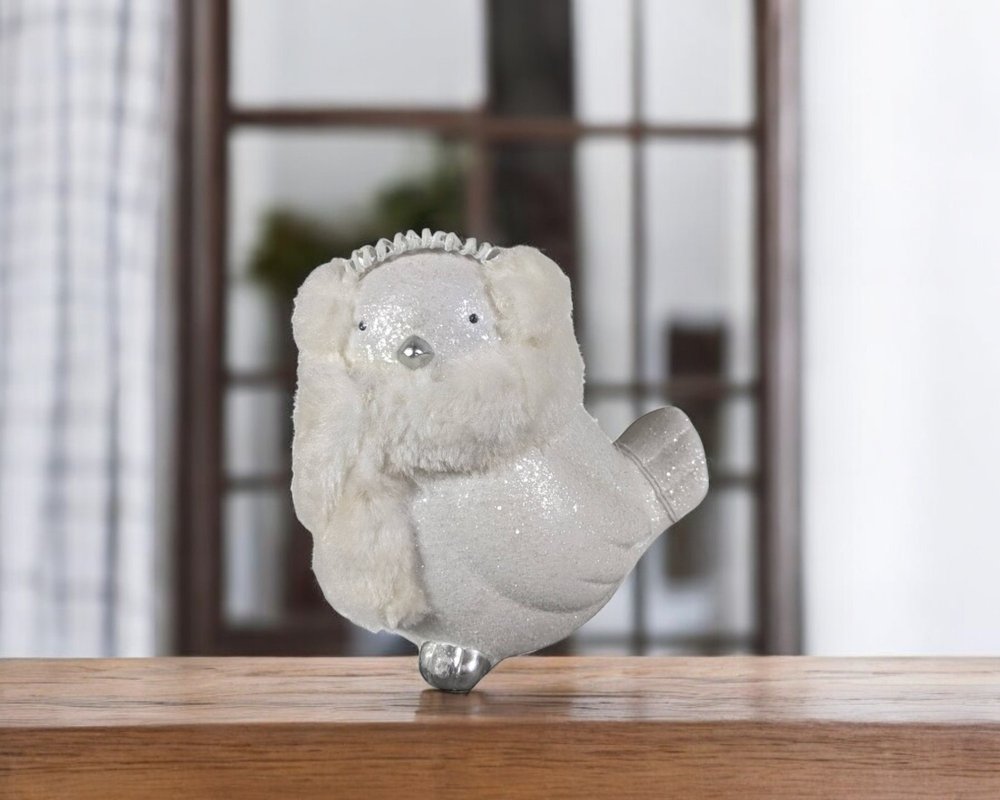 6" White And Silver Ceramic And Fabric Bird Christmas Figurine