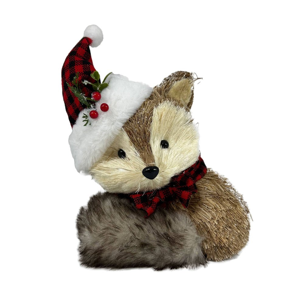 13" Brown White And Red Straw Fox Christmas Figurine
