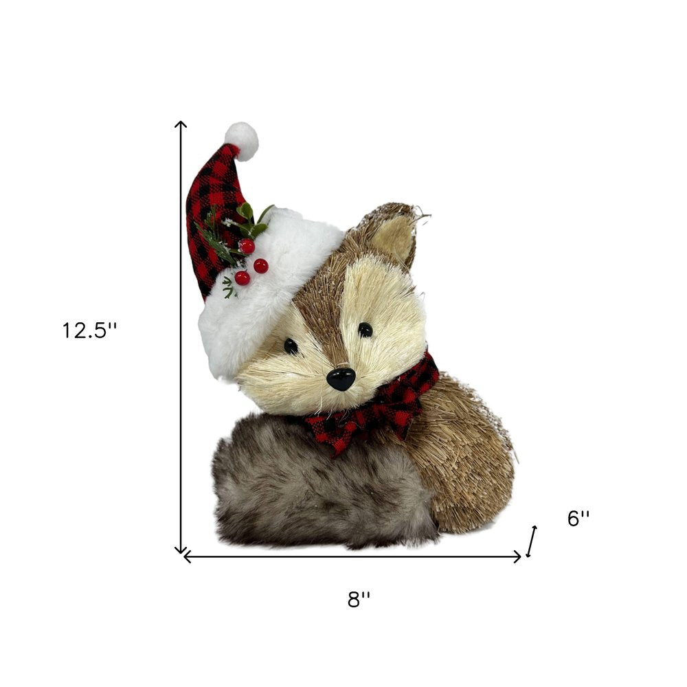 13" Brown White And Red Straw Fox Christmas Figurine