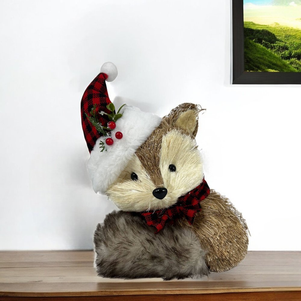 13" Brown White And Red Straw Fox Christmas Reindeer Figurine