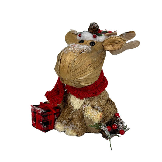 10" Brown Red And Green Straw Reindeer Christmas Reindeer Figurine