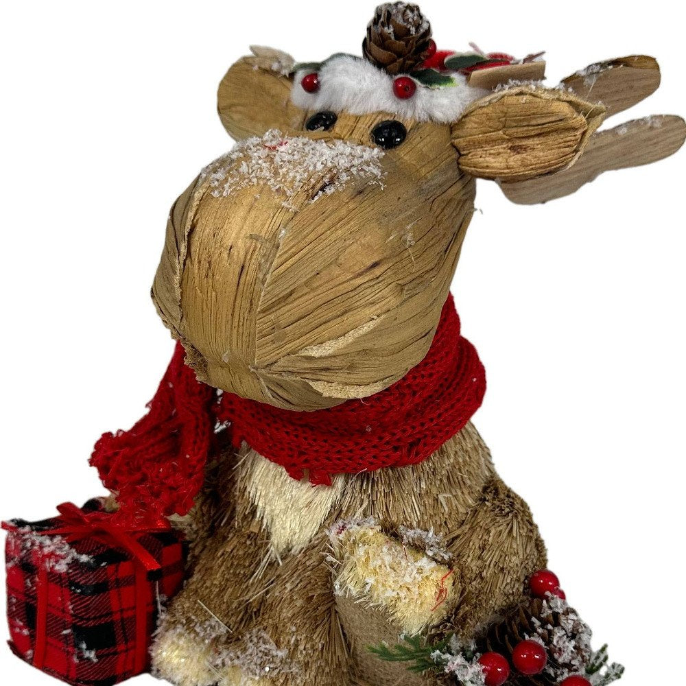 10" Brown Red And Green Straw Reindeer Christmas Reindeer Figurine
