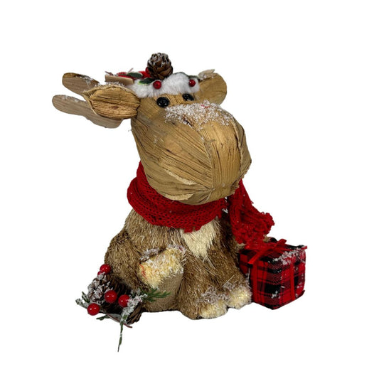 10" Brown Red And Green Straw Reindeer Christmas Reindeer Figurine