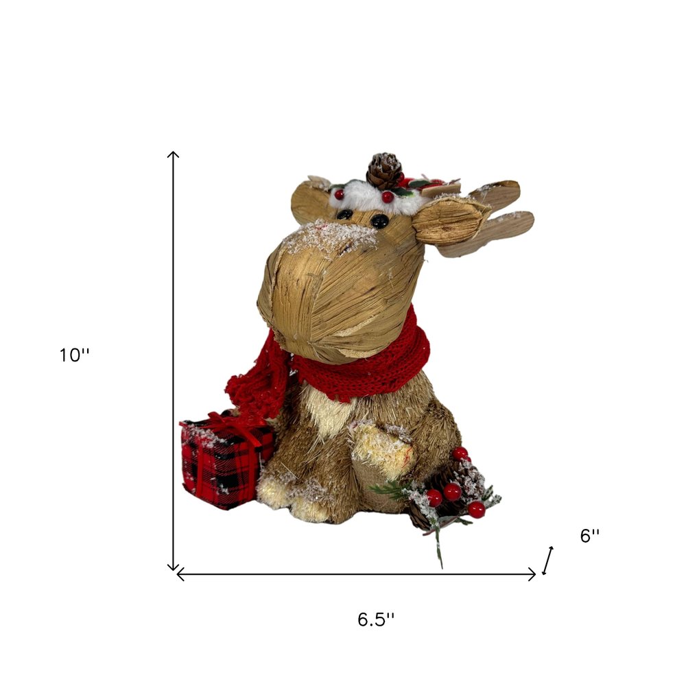 10" Brown Red And Green Straw Reindeer Christmas Reindeer Figurine