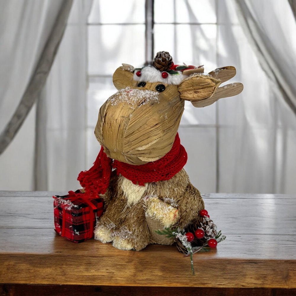10" Brown Red And Green Straw Reindeer Christmas Reindeer Figurine