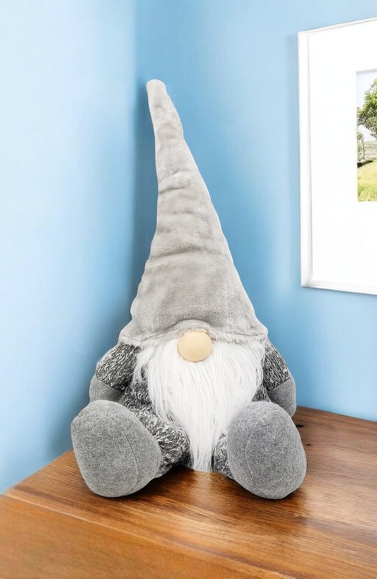 29" Gray And White Fabric Christmas Santa and Mrs. Claus Sitting Gnome