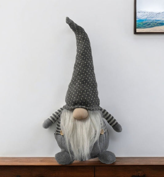 18" Gray And White Fabric Christmas Santa and Mrs. Claus Standing Gnome