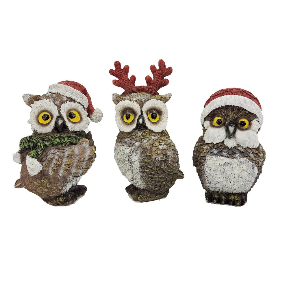 Set of Three 8" Brown White And Red Resin Owl Figurine