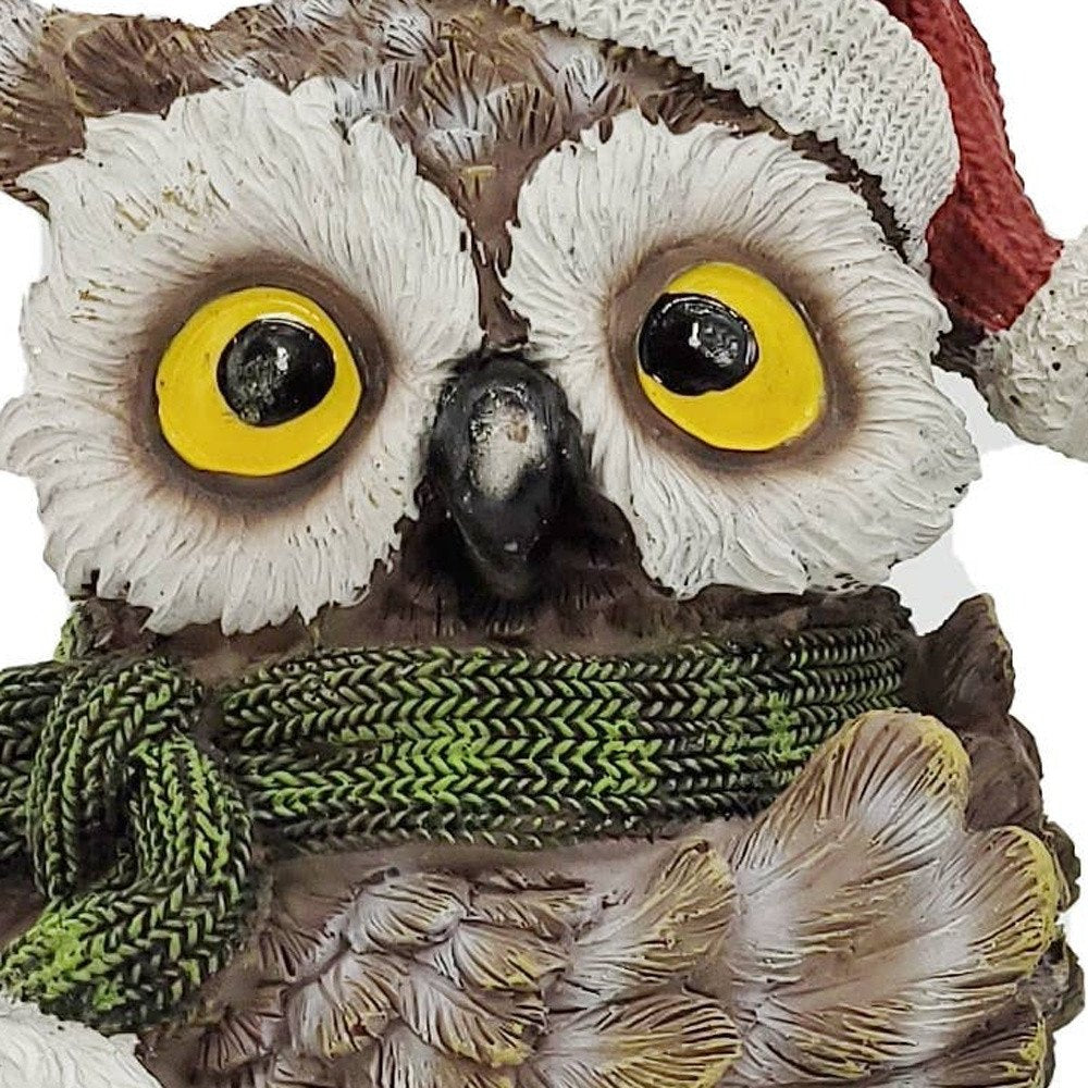 Set of Three 8" Brown White And Red Resin Owl Figurine