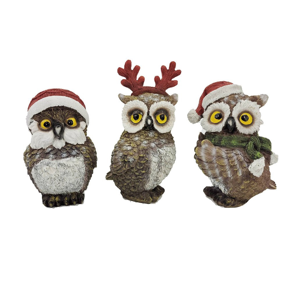 Set of Three 8" Brown White And Red Resin Owl Figurine