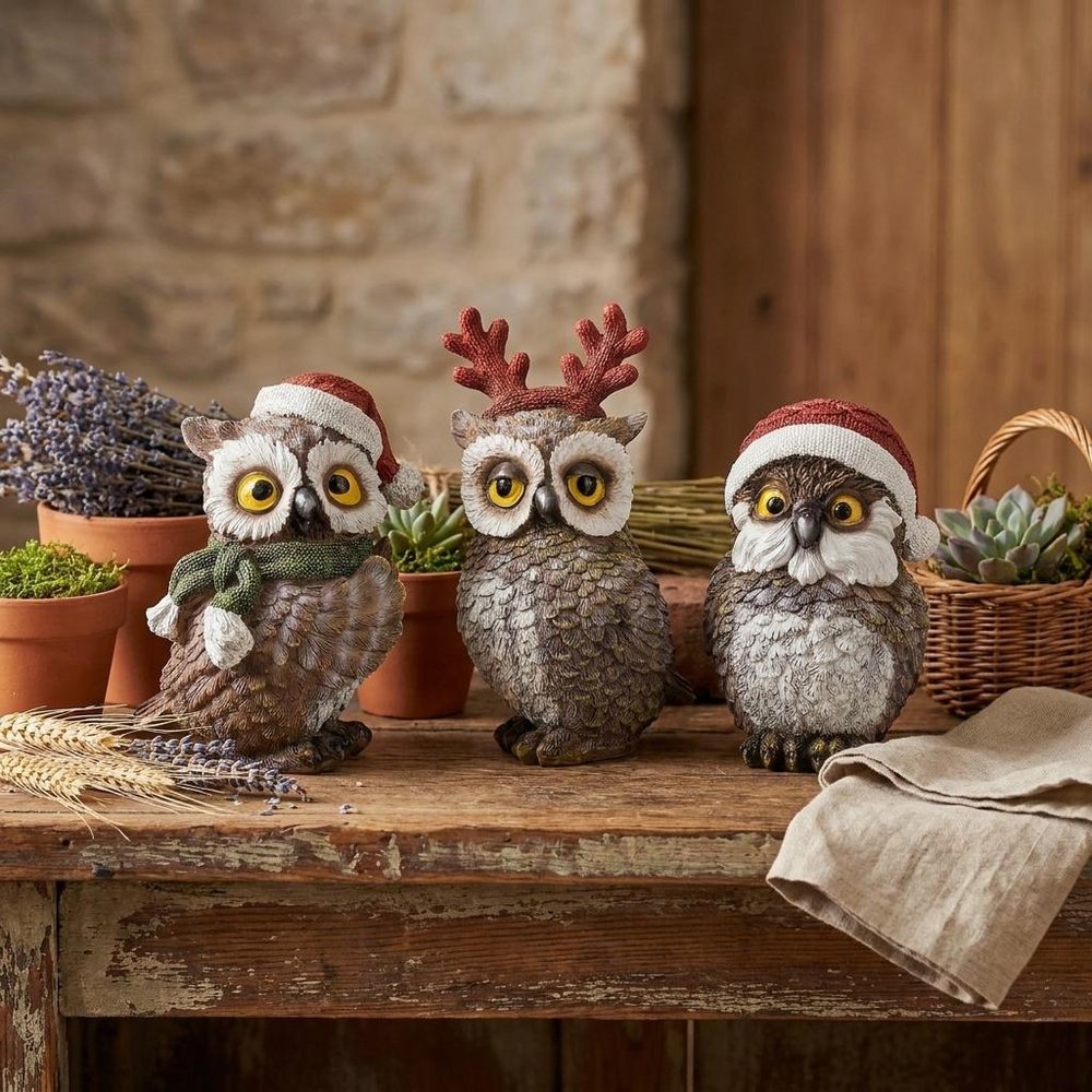 Set of Three Brown White And Red Resin Owl Figurine