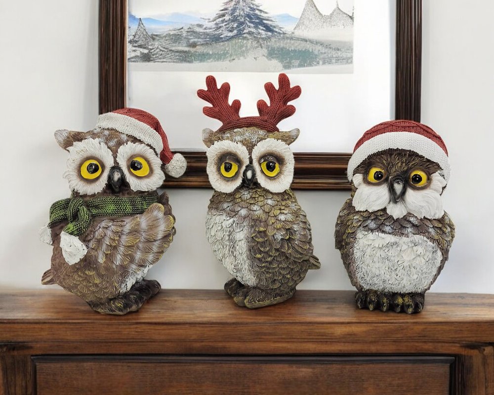 Set of Three 8" Brown White And Red Resin Owl Figurine