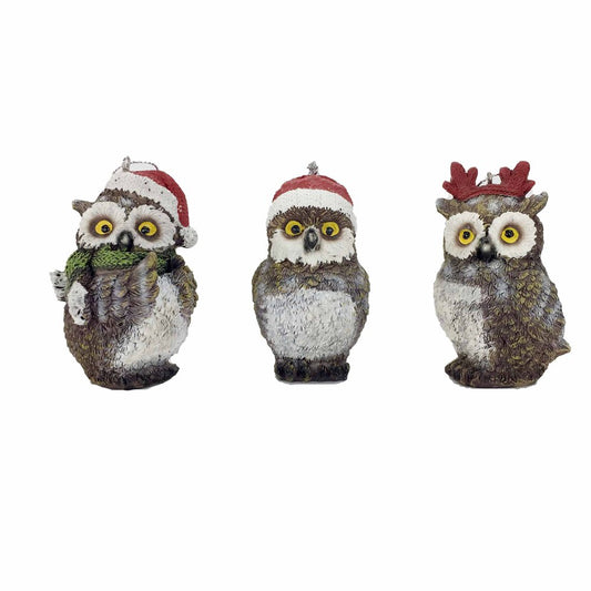 Set of Three 4" Brown White And Red Resin Owl Figurine