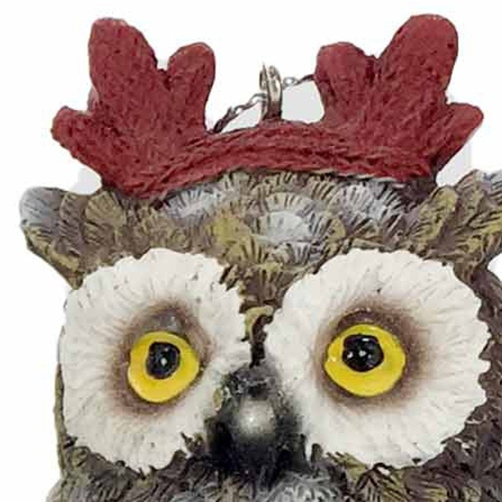 Set of Three 4" Brown White And Red Resin Owl Figurine