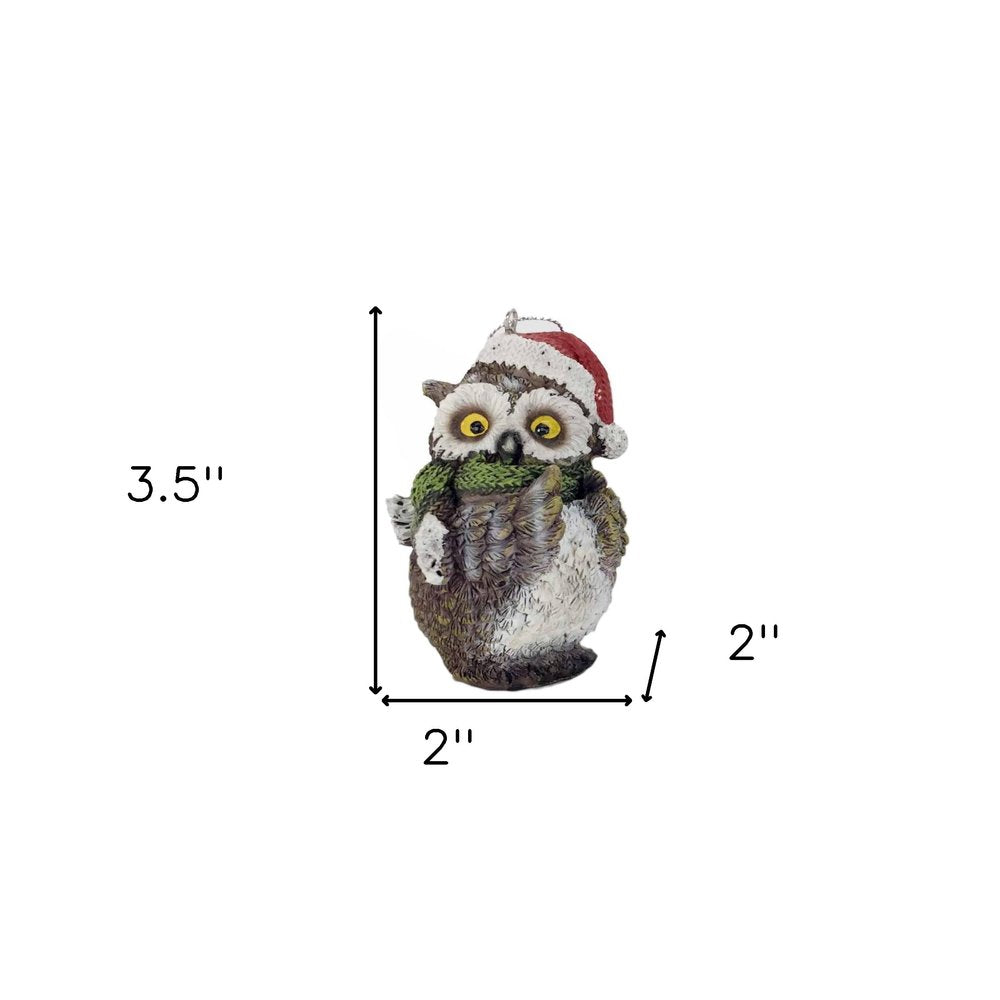 Set of Three 4" Brown White And Red Resin Owl Figurine