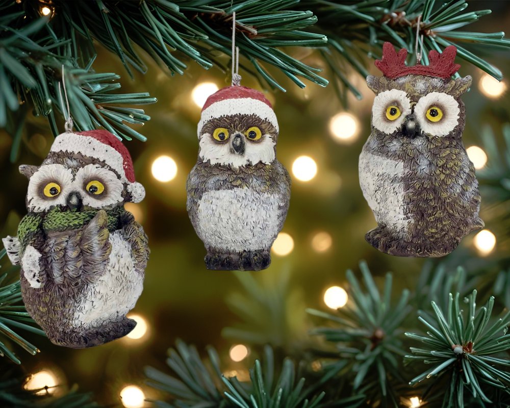 Set of Three 4" Brown White And Red Resin Owl Figurine