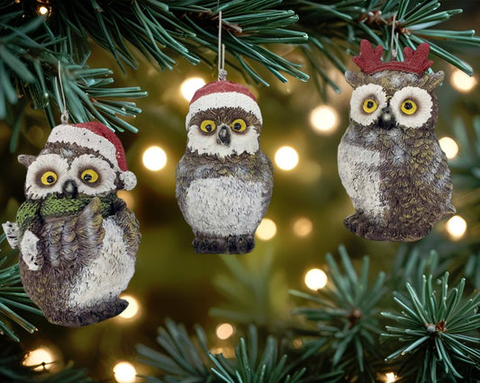 Set of Three 4" Brown White And Red Resin Owl Figurine