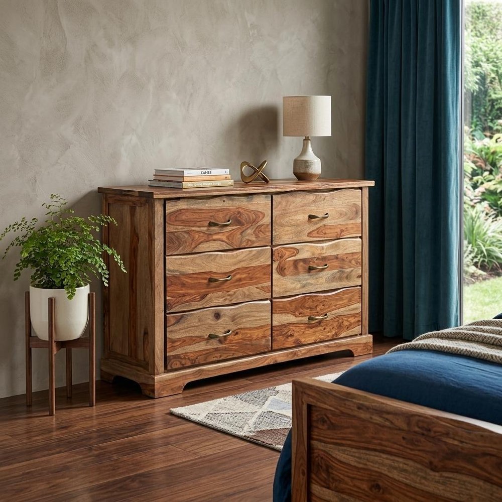 60" Brown Solid Wood Six Drawer Double Dresser