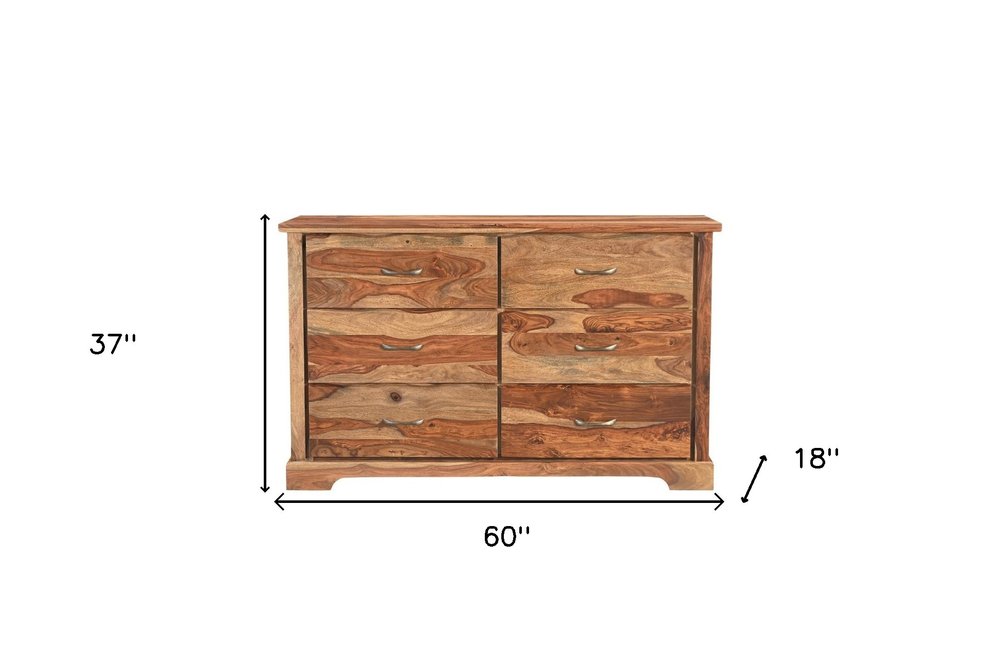 60" Brown Solid Wood Six Drawer Double Dresser