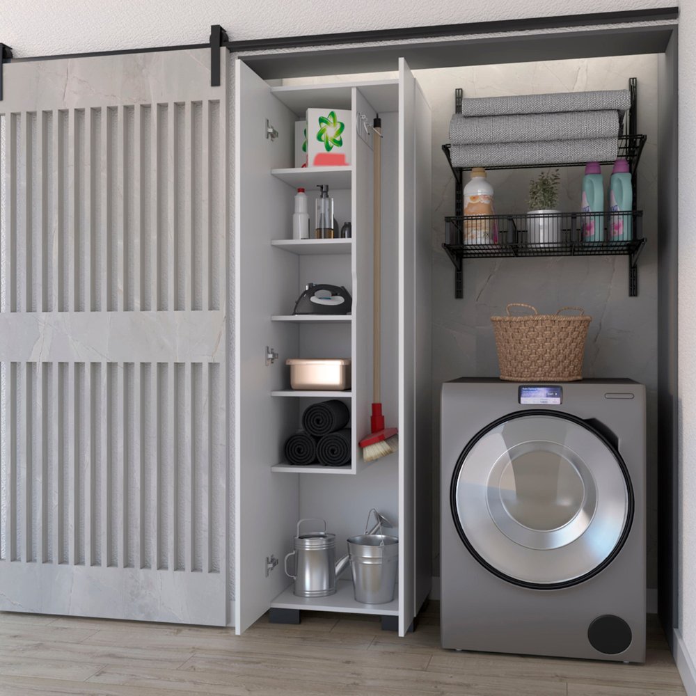 71" White Wood Two Door Utility Cabinet