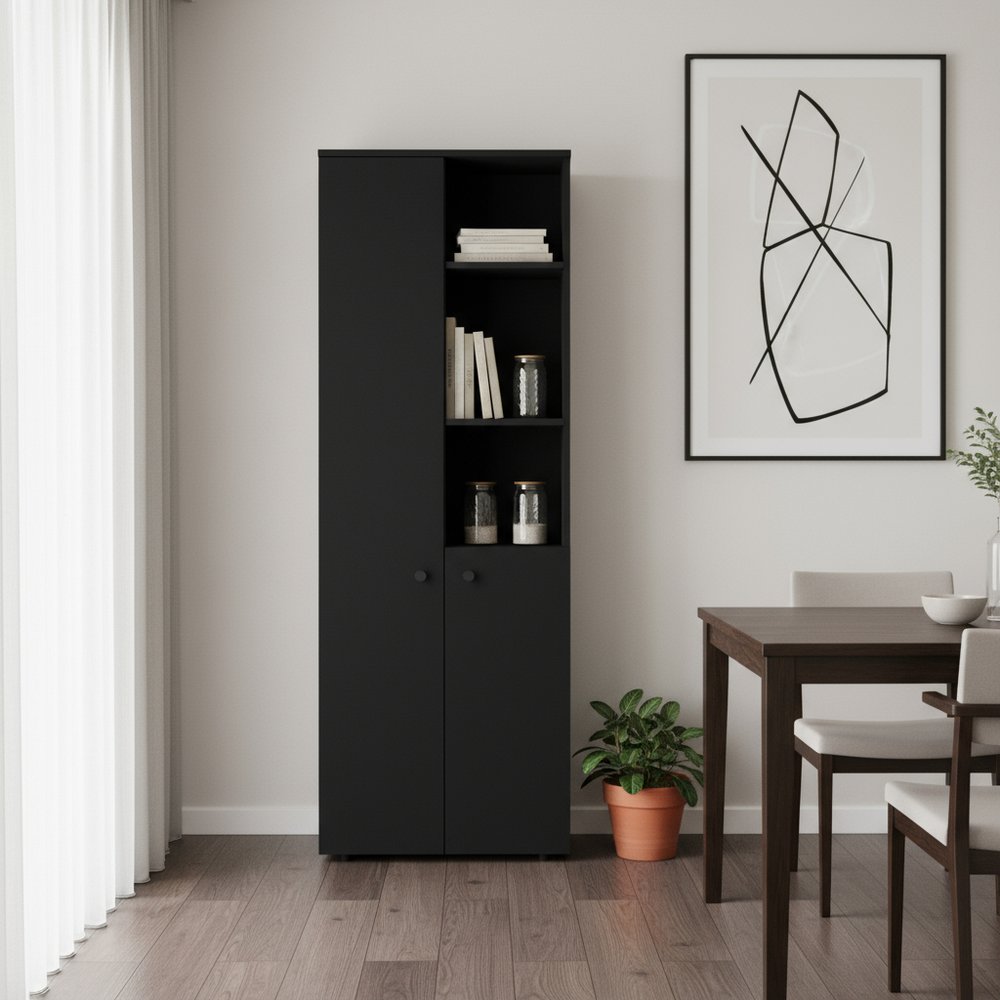 67" Black Wood Two Door Pantry Or Storage Closet