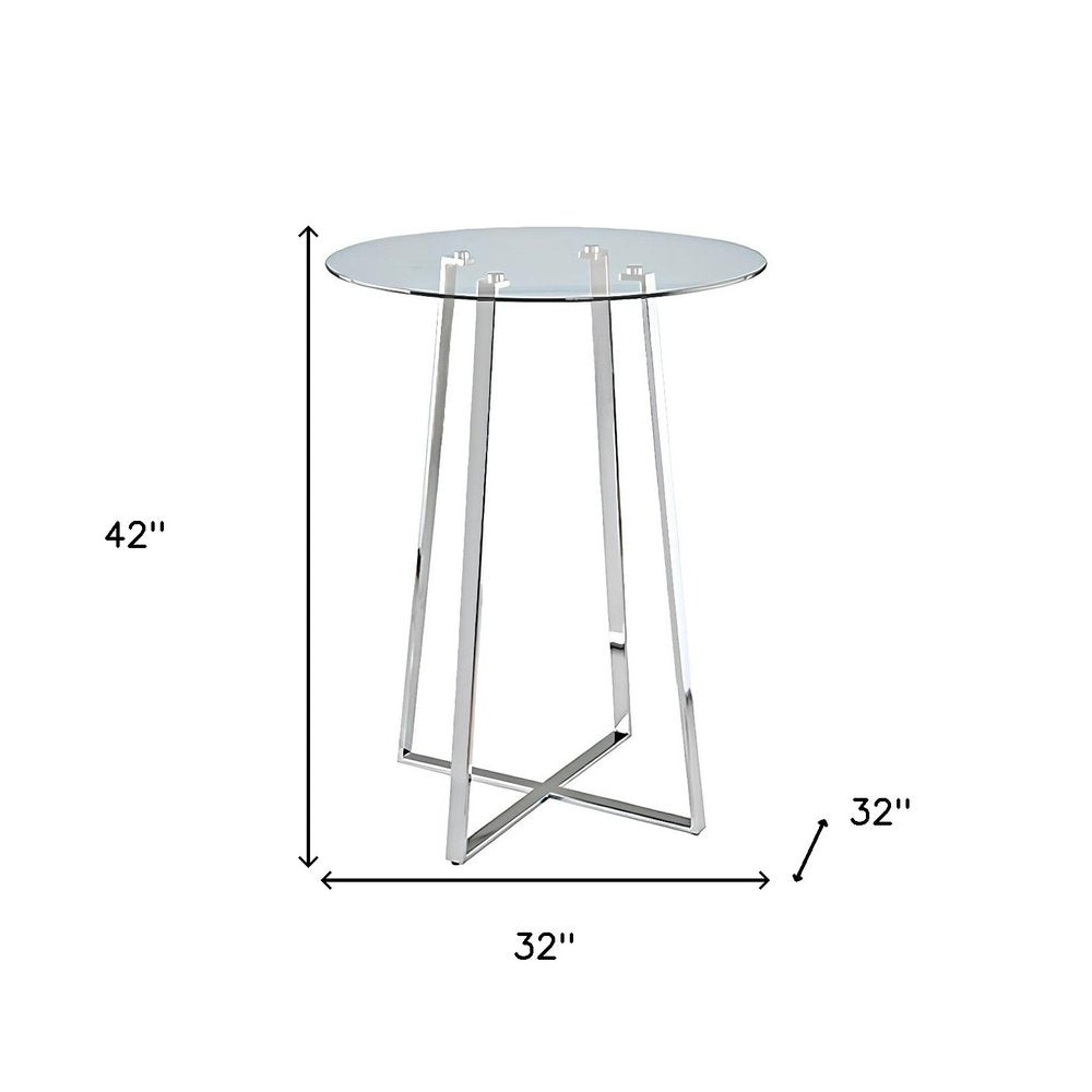 32" Clear and Silver Rounded Glass and Iron Bar Table