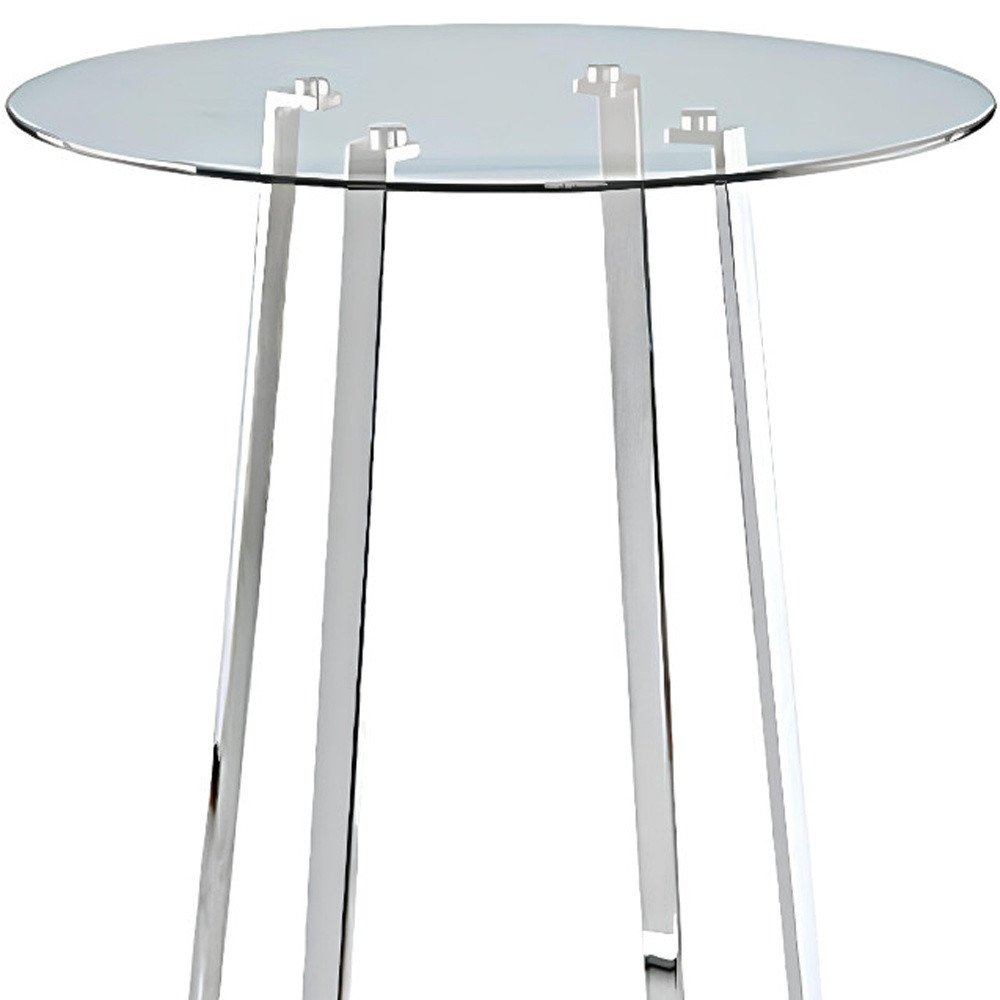 32" Clear and Silver Rounded Glass and Iron Bar Table