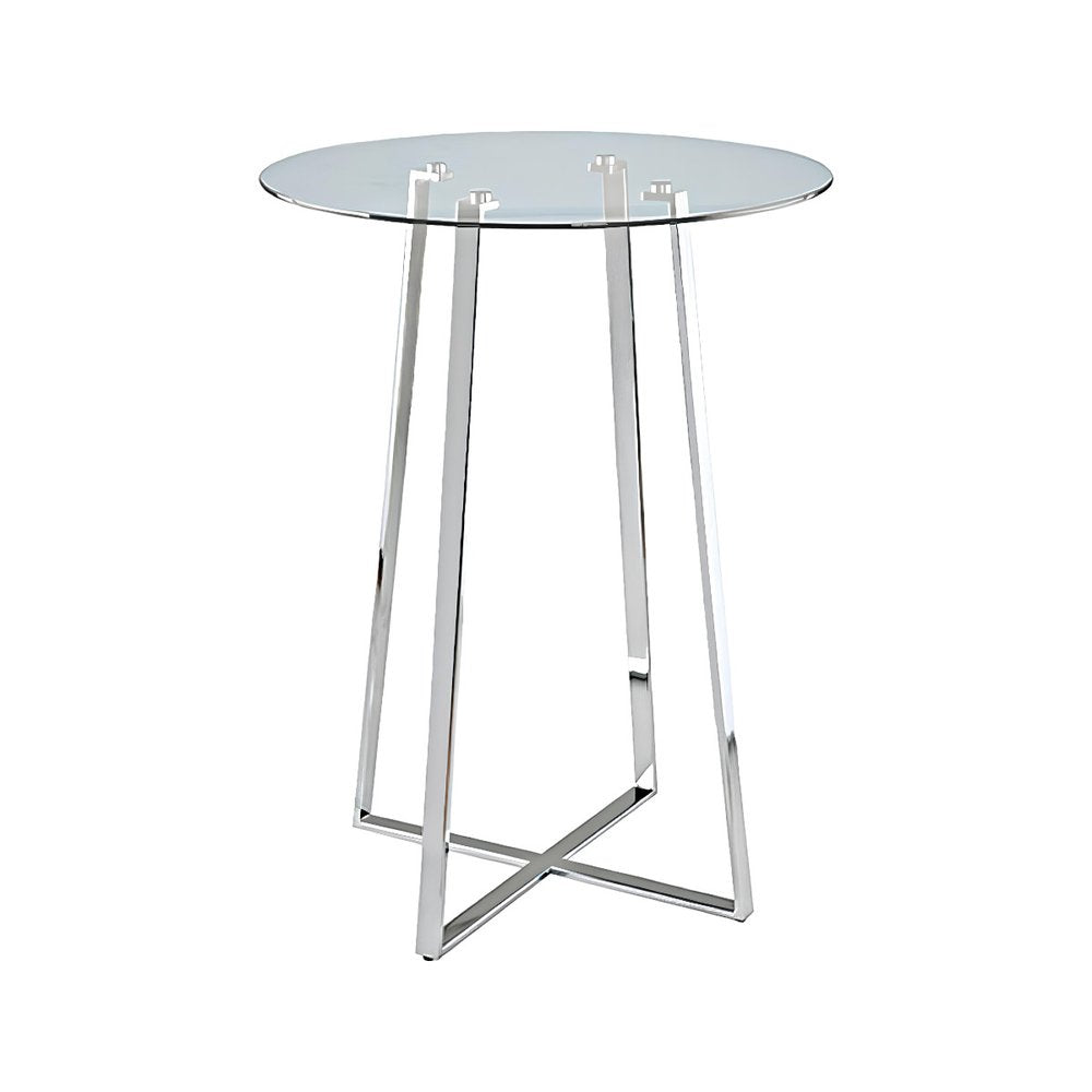 32" Clear and Silver Rounded Glass and Iron Bar Table