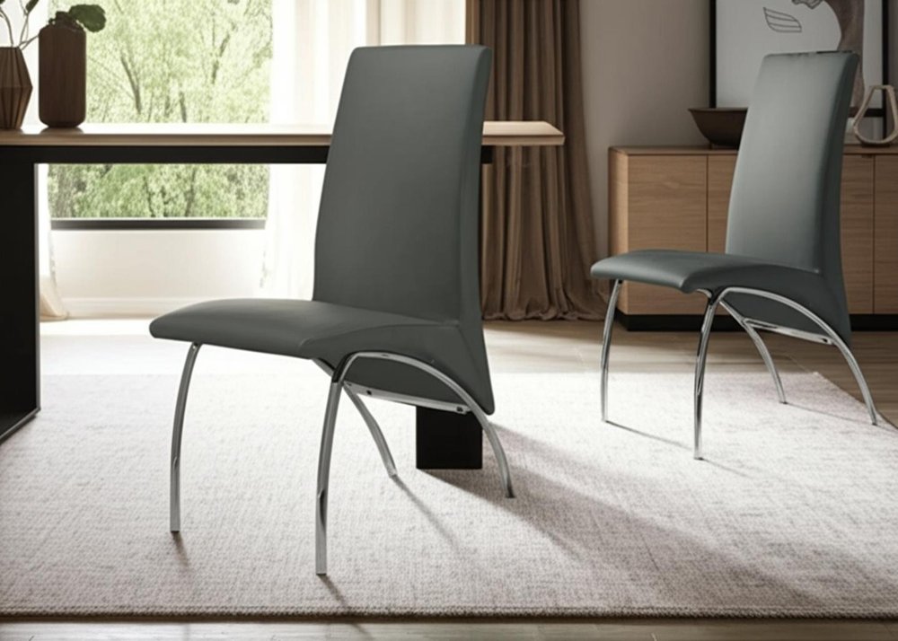 Set of Two Gray and Silver Upholstered Faux Leather Dining Side Chairs