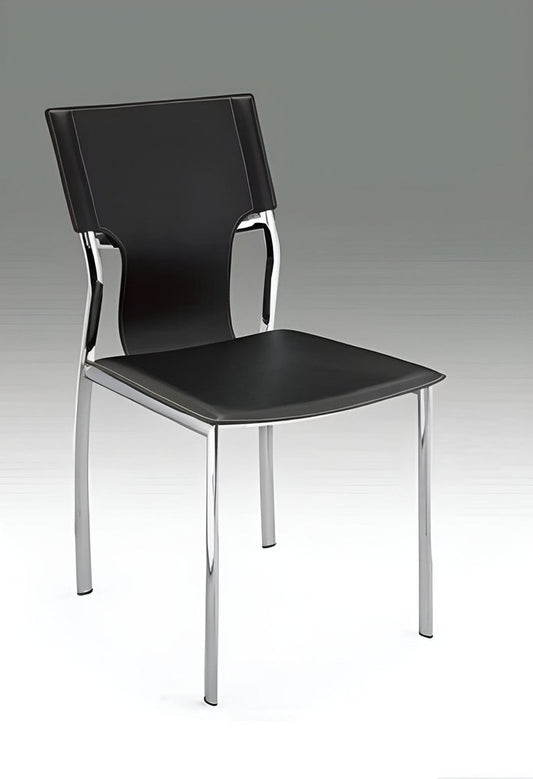 Set of Four Black and Silver Metal and Leather Partially Open Back Dining Side Chairs