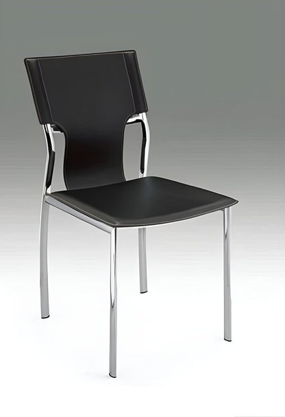 Set of Four Black and Silver Metal and Leather Partially Open Back Dining Side Chairs