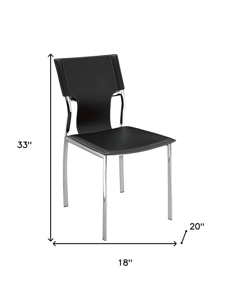 Set of Four Black and Silver Metal and Leather Partially Open Back Dining Side Chairs