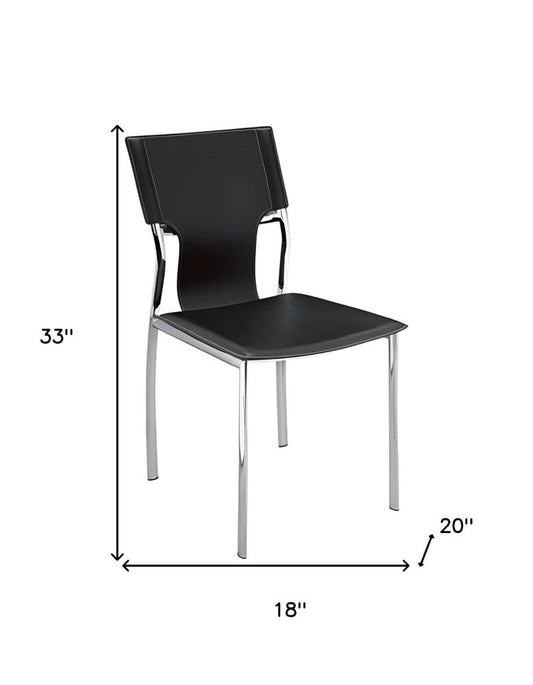 Set of Four Black and Silver Metal and Leather Partially Open Back Dining Side Chairs