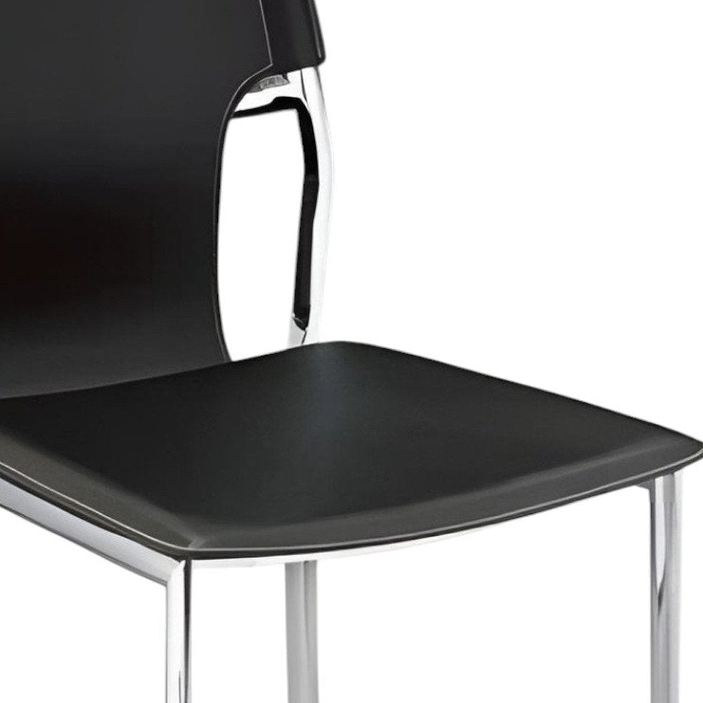 Set of Four Black and Silver Metal and Leather Partially Open Back Dining Side Chairs