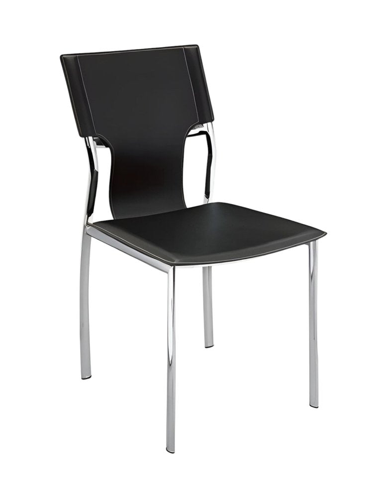 Set of Four Black and Silver Metal and Leather Partially Open Back Dining Side Chairs